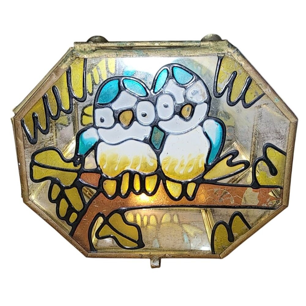 Vintage Walmart Taiwan Glass Mirrored Jewelry Box Love Birds Couple Oval Octagon